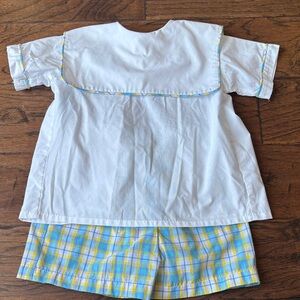 White Sailor-Style Top and Blue Yellow Plaid Shorts Kids Matching Set